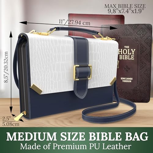 DEHITE Bible Cover Case for Women – Bible Carrying Bag Large Size – Fits Book 9.8 x 7.4 x 1.9 IN – Pen Slots – Zippered Pocket – Shoulder Strap – Premium PU Leather – Black and White Christian Gift - Image 2