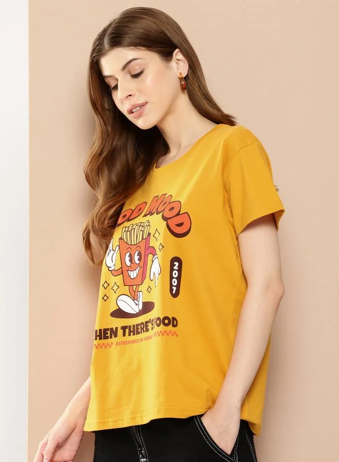 Difference of Opinion Women Yellow Boxy Fit Graphic Printed T-Shirt