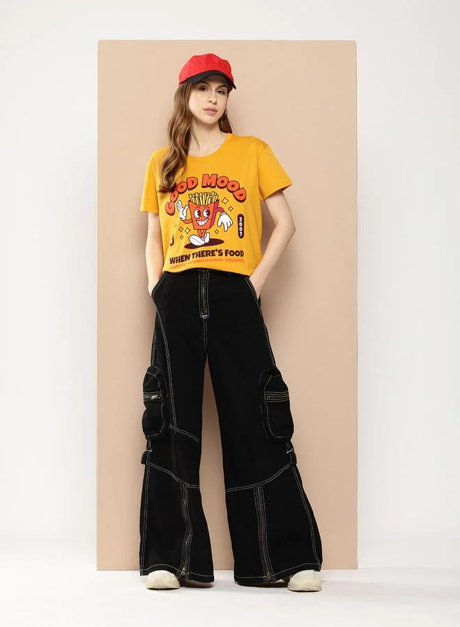Difference of Opinion Women Yellow Boxy Fit Graphic Printed T-Shirt