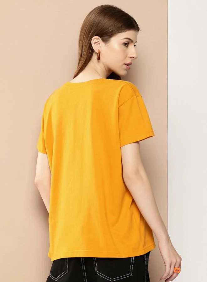 Difference of Opinion Women Yellow Boxy Fit Graphic Printed T-Shirt