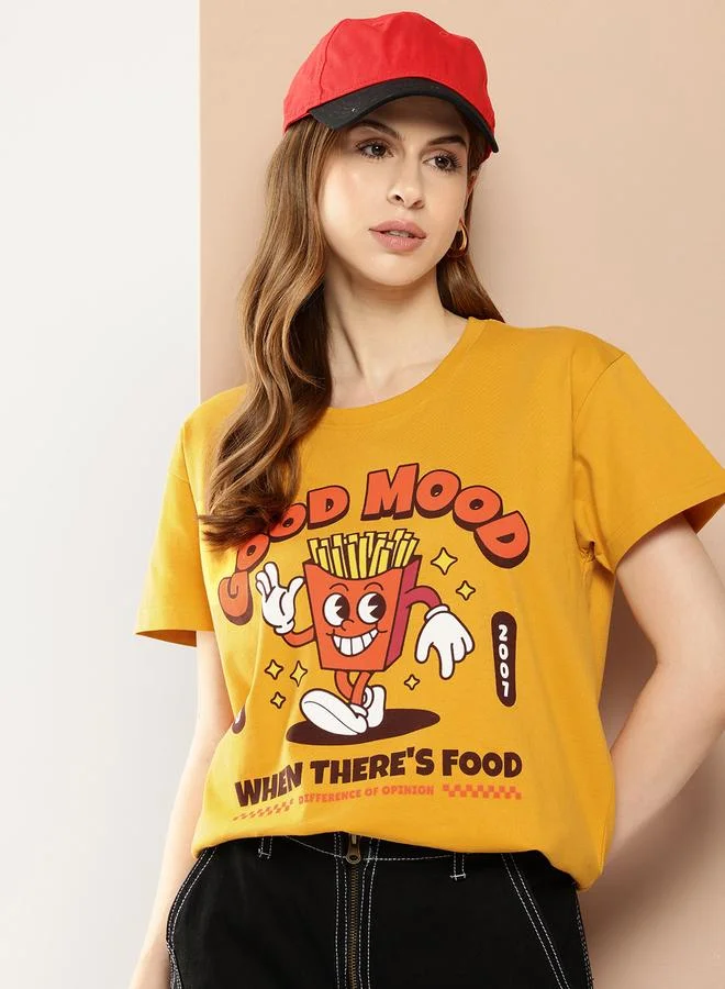 Difference of Opinion Women Yellow Boxy Fit Graphic Printed T-Shirt