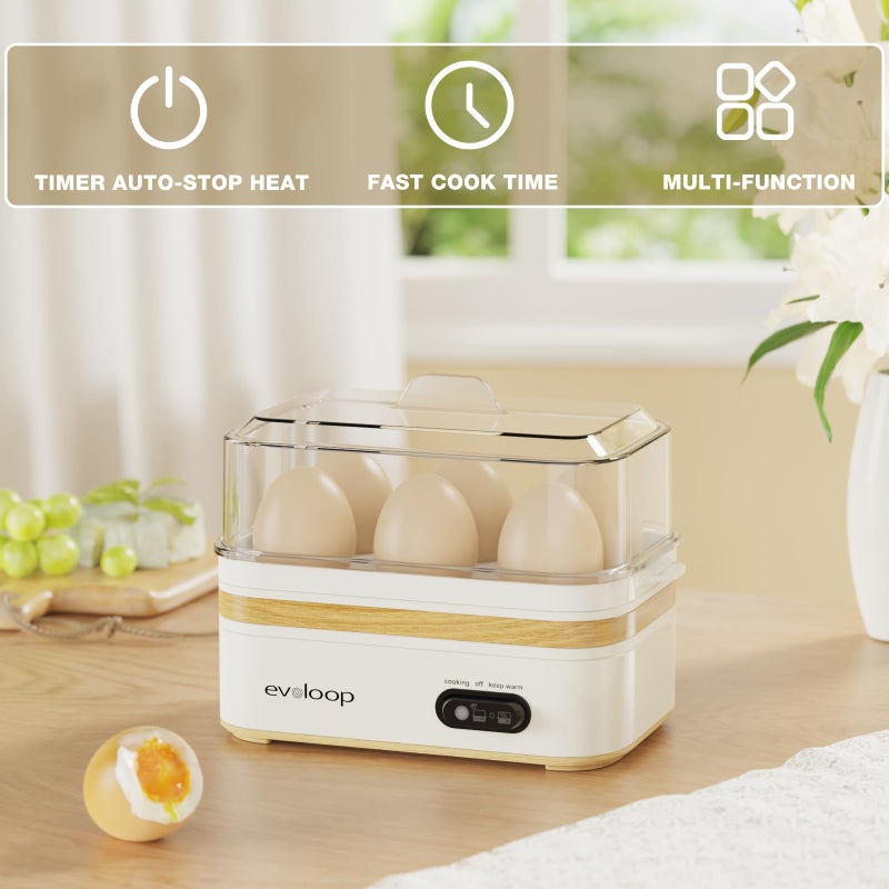 evoloop Rapid Egg Cooker Electric 6 Eggs Capacity, Soft, Medium, Hard Boiled, Poacher, Omelet Maker Egg Poacher With Auto Shut-Off, BPA Free-White - Image 3