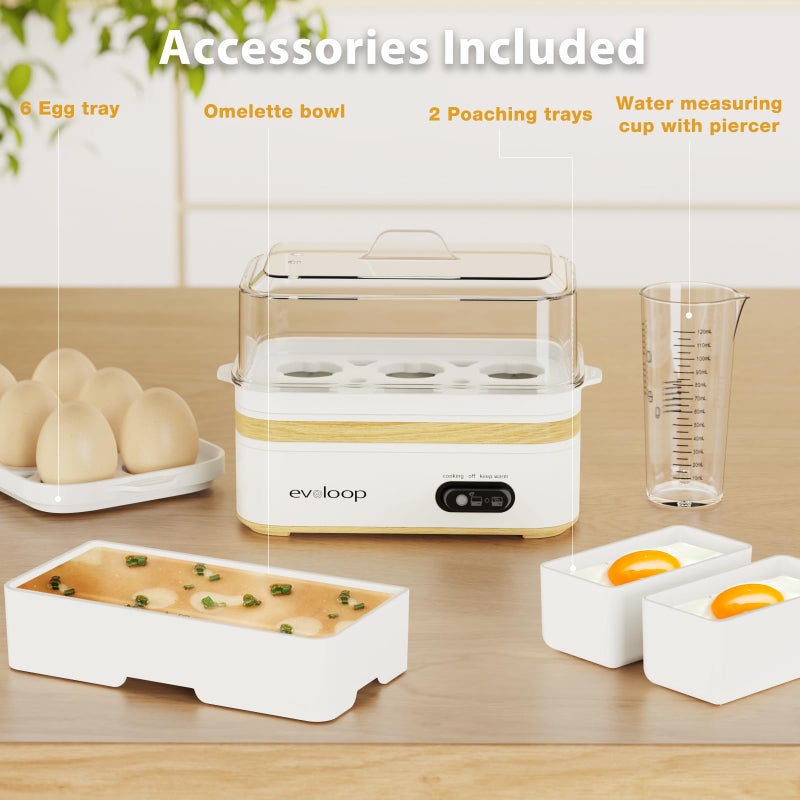 evoloop Rapid Egg Cooker Electric 6 Eggs Capacity, Soft, Medium, Hard Boiled, Poacher, Omelet Maker Egg Poacher With Auto Shut-Off, BPA Free-White - Image 5