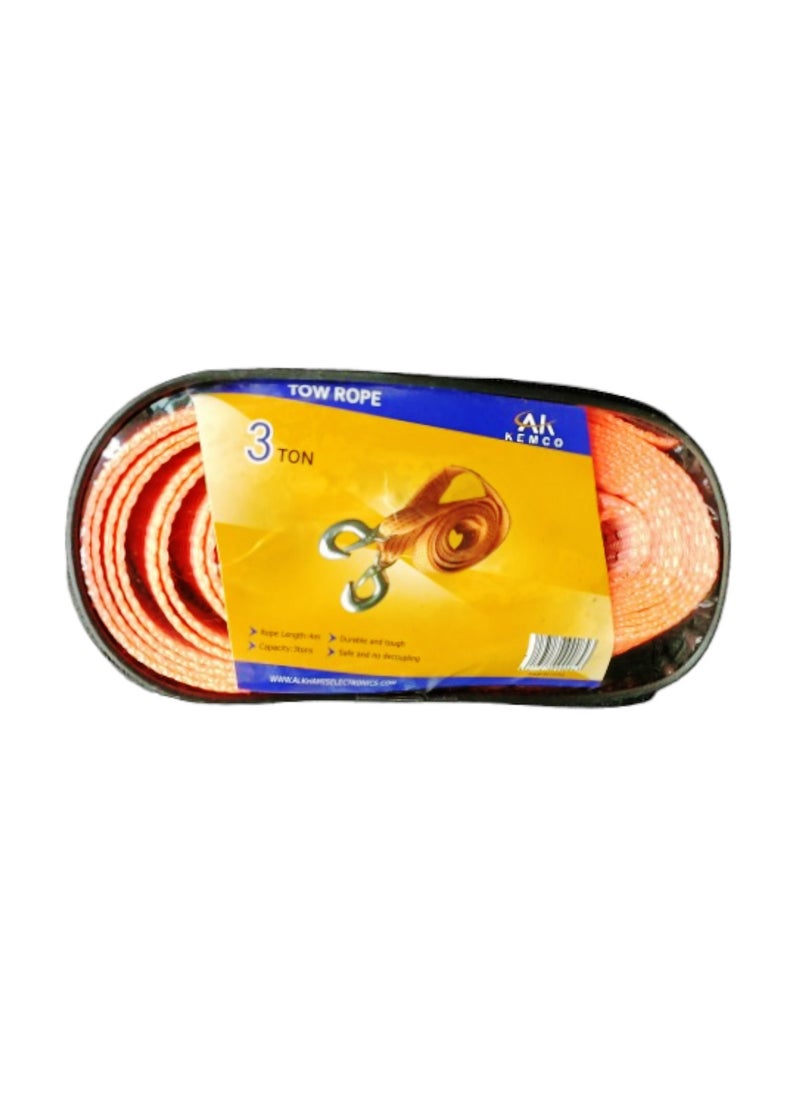 AK KEMCO Car Towing Rope 3 Ton with Safety Hooks Vehicle Recovery Rope for Hauling with 4 Meter Length  - Image 2