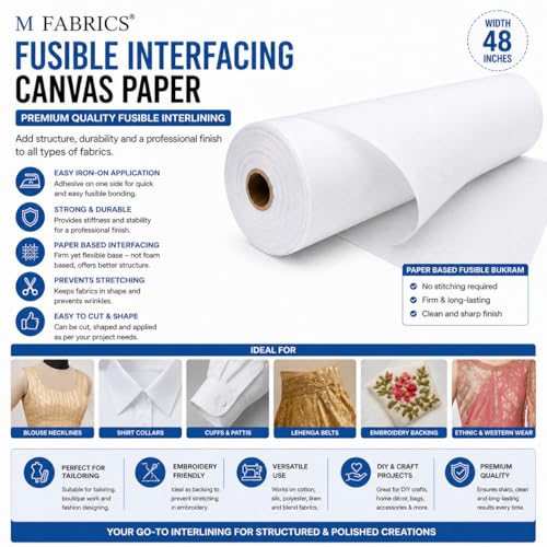 M Fabrics 5 Meters Paper Canvas Fusible Interfacing 48 Inch Width White | Iron-On Fusible Interlining Bukram for Stitching Tailoring Embroidery Backing Blouse Patti Collar Cuff Craft Fabric Support - 5 Meters - Image 2