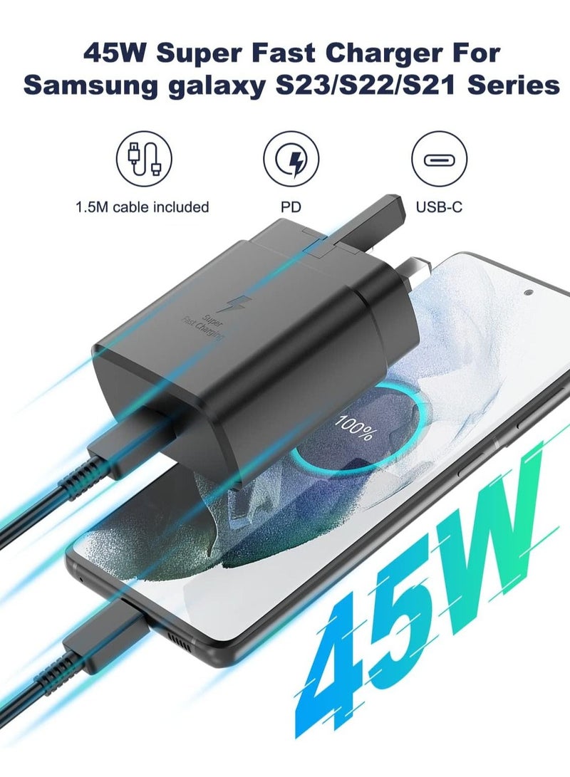 for 45W Samsung Charger Plug with 1.5M Cable for Samsung Galaxy S23/S23+/S23Ultra S22/S22+/S22Ultra S21/S21+/S21Ultra S20 A33,A72,A71,A53,A52,A51,A50,M33, UK Wall USB C Power Adapter - Image 2