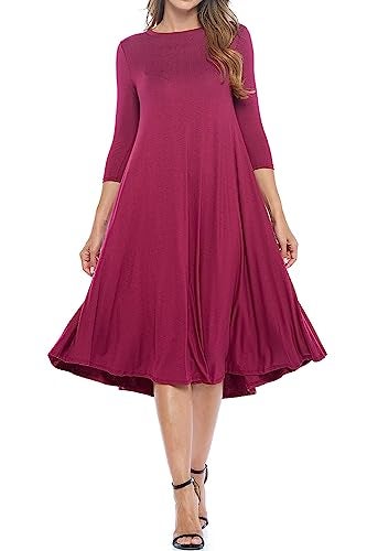 iconic luxe Women's Swing Midi Dress – 3/4 Sleeve Flowy A-Line Tunic – Soft, Stretchy, Comfortable, and Versatile Casual Dress for Everyday Wear Large Burgundy - Image 1
