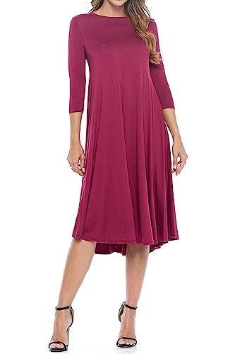 iconic luxe Women's Swing Midi Dress – 3/4 Sleeve Flowy A-Line Tunic – Soft, Stretchy, Comfortable, and Versatile Casual Dress for Everyday Wear Large Burgundy - Image 3
