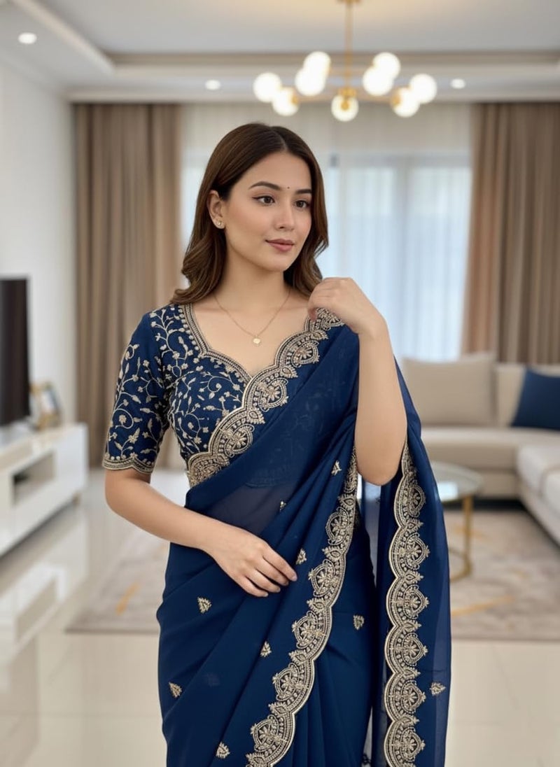 Yashika Women's Georgette Floral Zari Embroidered Saree | Blue Color Saree | Women Sari | Saree_(AZ-YS-OG1-ANTYA BLUE) - Image 2