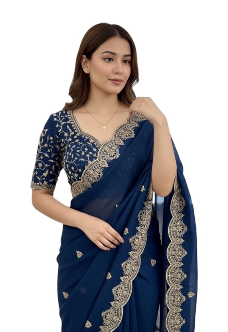 Yashika Women's Georgette Floral Zari Embroidered Saree | Blue Color Saree | Women Sari | Saree_(AZ-YS-OG1-ANTYA BLUE) - Image 5
