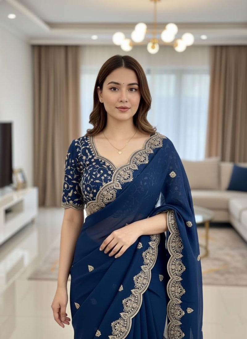 Yashika Women's Georgette Floral Zari Embroidered Saree | Blue Color Saree | Women Sari | Saree_(AZ-YS-OG1-ANTYA BLUE) - Image 3