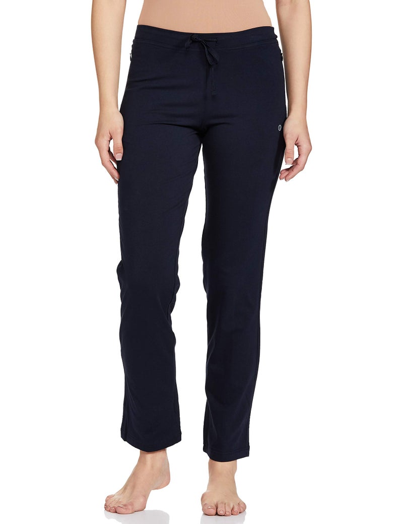 Enamor Essentials Womens Mid Rise Slim Fit Straight Leg Breathable Stretch Cotton Lounge Pants with Drawstring and Invisible Zipper Pockets- E014-(E014_Navy_S) - Image 1