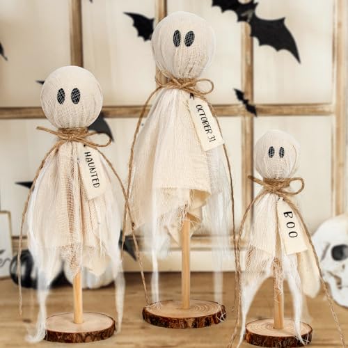 DAZONGE Halloween Decorations Indoor Set of 3 Primitive Halloween Ghosts on Wooden Stand for Table Centerpieces Shelves and Mantels