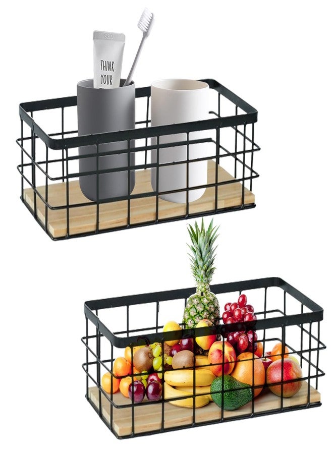 Hyuetrsa 2-Pack Small Wire Baskets, Metal Wire Storage Baskets, Rustic Storage Bin Wood Base Containers Farmhouse Rectangle Organizer Tray for Home Kitchen Bathroom - Image 1