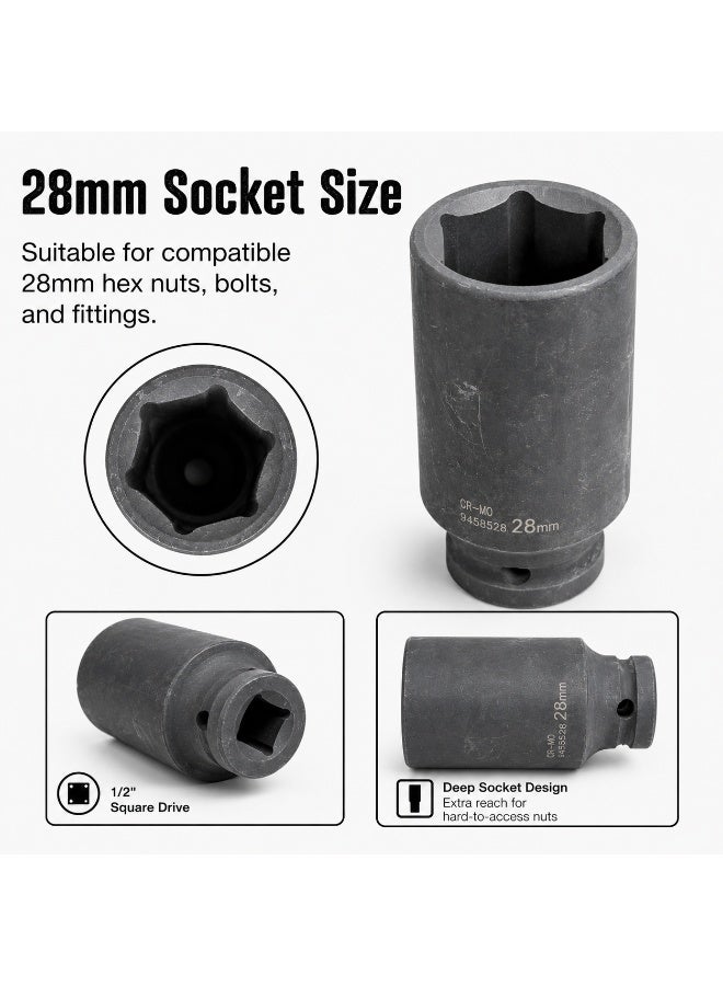 28mm Deep Impact Socket, 1/2 Inch Drive Cr-Mo Steel 6 Point Socket for Impact Wrench, Ratchet, Garage and Auto Repair - Image 2