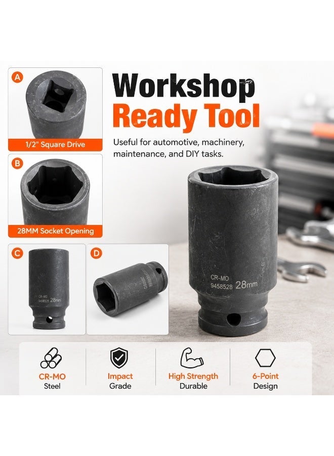 28mm Deep Impact Socket, 1/2 Inch Drive Cr-Mo Steel 6 Point Socket for Impact Wrench, Ratchet, Garage and Auto Repair - Image 5