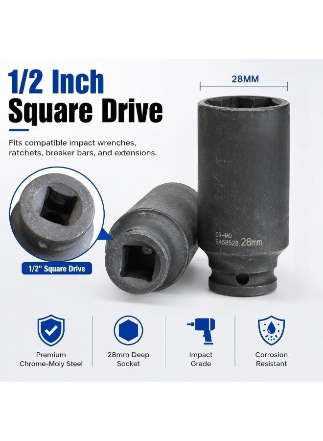28mm Deep Impact Socket, 1/2 Inch Drive Cr-Mo Steel 6 Point Socket for Impact Wrench, Ratchet, Garage and Auto Repair - Image 3
