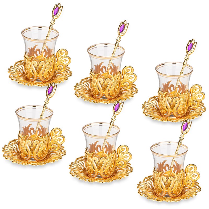 Alisveristime (Set Of 6 Handmade Turkish Tea Water Zamzam Serving Set Glasses Saucer And Spoon (Ottoman) (Gold) - Image 5