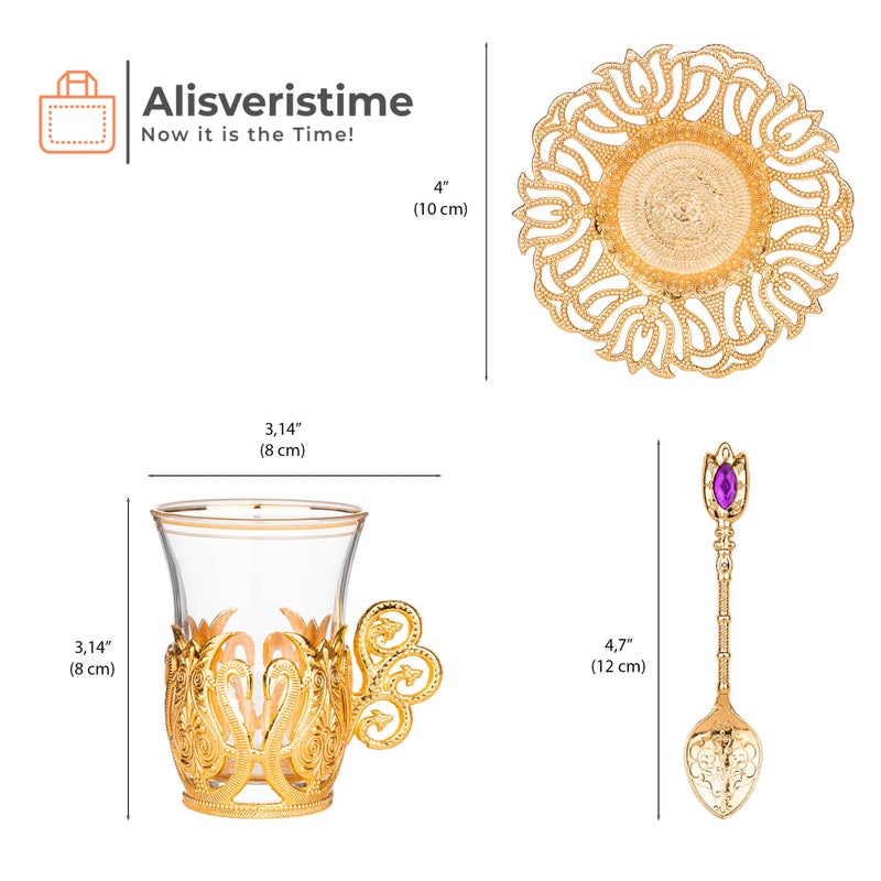Alisveristime (Set Of 6 Handmade Turkish Tea Water Zamzam Serving Set Glasses Saucer And Spoon (Ottoman) (Gold) - Image 4