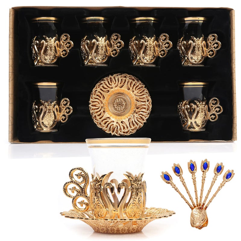 Alisveristime (Set Of 6 Handmade Turkish Tea Water Zamzam Serving Set Glasses Saucer And Spoon (Ottoman) (Gold) - Image 1
