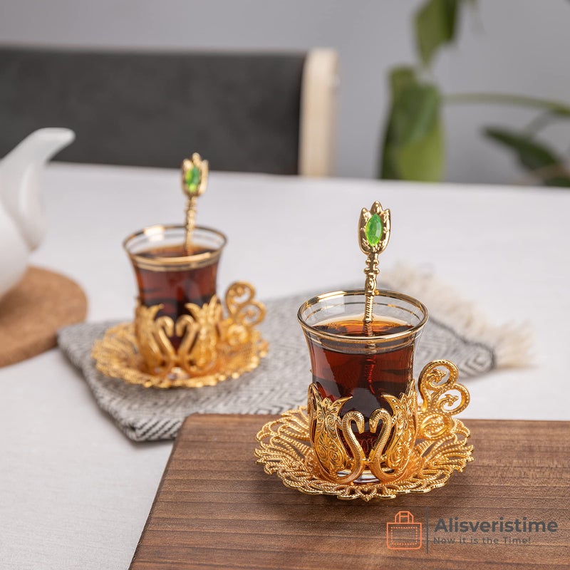 Alisveristime (Set Of 6 Handmade Turkish Tea Water Zamzam Serving Set Glasses Saucer And Spoon (Ottoman) (Gold) - Image 3