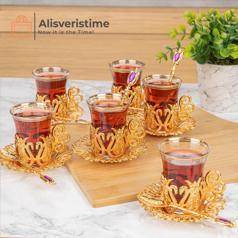 Alisveristime (Set Of 6 Handmade Turkish Tea Water Zamzam Serving Set Glasses Saucer And Spoon (Ottoman) (Gold) - Image 2