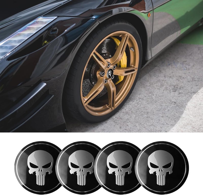 PACLVIO 4PCS Wheel Center Caps, Center Caps for Rims, 2.2" Skull Car Hub Cap Sticker, Car Exterior Decoration Accessories Wheel Hub Caps Center Cover for Mos Cars (Black) - Image 1