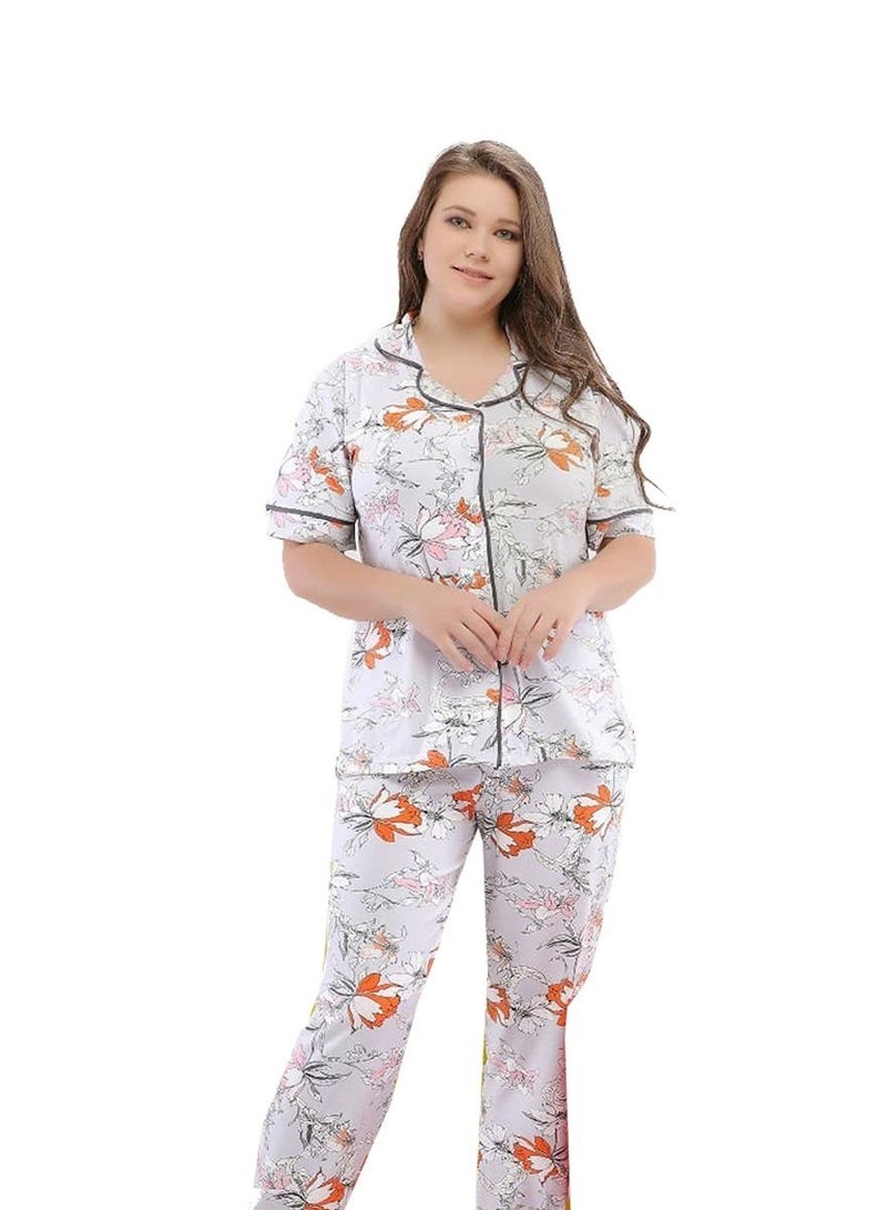 Ganna Women's short sleeved pyjamas with buttons and summer long pants made of cotton large sizes 