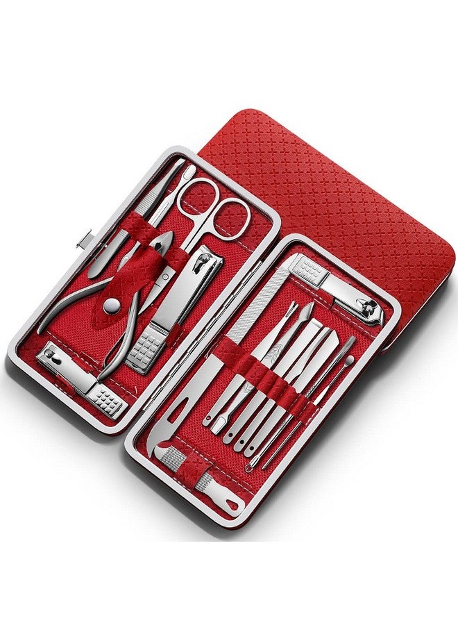 wolpin 16 Pcs Manicure Kit Set Nail Clippers Pedicure Kit Stainless Steel Manicure Kit Professional Grooming Kit Scissors Acne Needle Blackhead Tool With Travel Case - Image 1