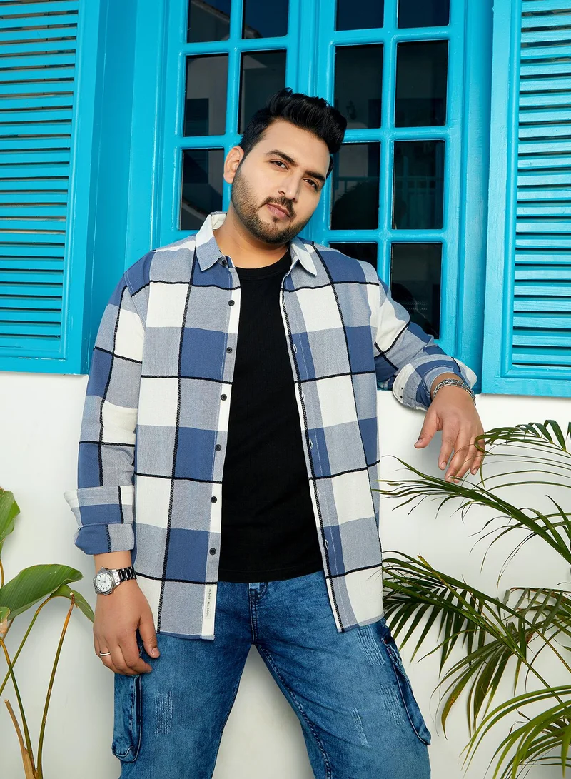 Instafab Plus Instafab Plus Men's Steel Blue Framed-Buffalo Regular Shirt For Casual Wear | Spread Collar | Long Cuffed Sleeves | Button Closure | Plus Size Shirt Crafted With Comfort Fit For Everyday Wear
