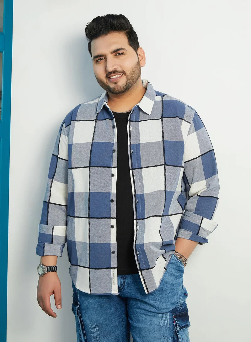 Instafab Plus Instafab Plus Men's Steel Blue Framed-Buffalo Regular Shirt For Casual Wear | Spread Collar | Long Cuffed Sleeves | Button Closure | Plus Size Shirt Crafted With Comfort Fit For Everyday Wear