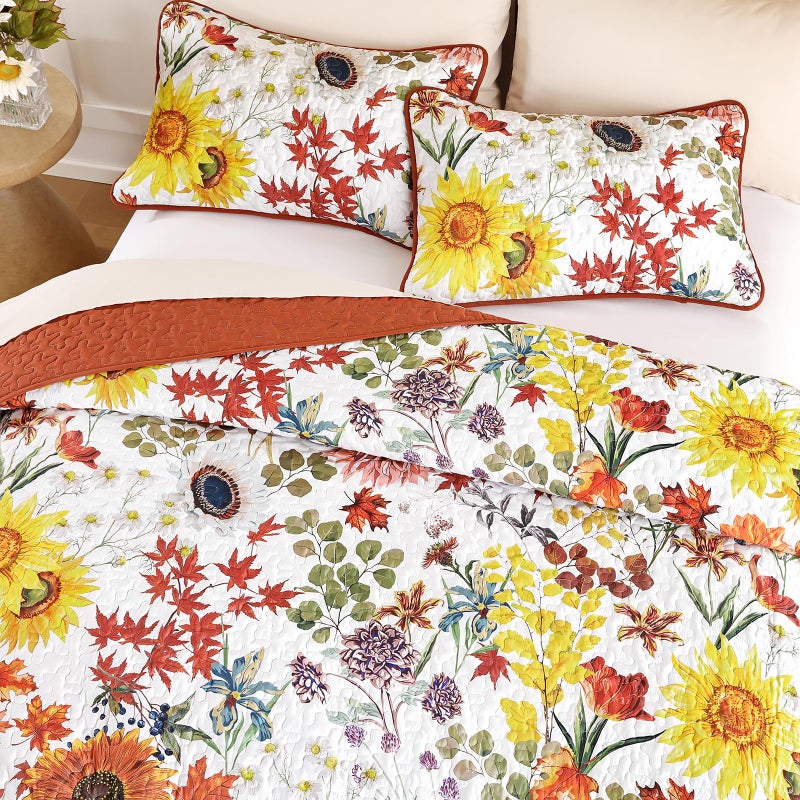 Yiran Fall Floral Quilt Set King Size, Orange Red Sunflower Botanical Bedspread Bedding Set, 3 Pieces Soft Lightweight Microfiber Coverlet with 2 Pillow Shams for All Season 106x90 Inch - Image 3