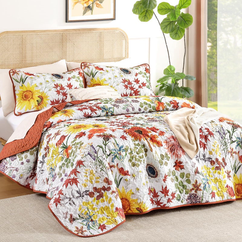 Yiran Fall Floral Quilt Set King Size, Orange Red Sunflower Botanical Bedspread Bedding Set, 3 Pieces Soft Lightweight Microfiber Coverlet with 2 Pillow Shams for All Season 106x90 Inch - Image 2