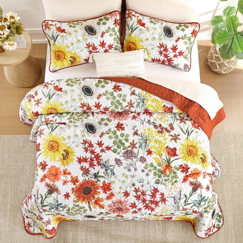 Yiran Fall Floral Quilt Set King Size, Orange Red Sunflower Botanical Bedspread Bedding Set, 3 Pieces Soft Lightweight Microfiber Coverlet with 2 Pillow Shams for All Season 106x90 Inch - Image 4