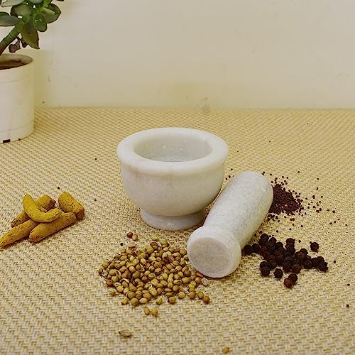 KunhaR Natural White Marble Mortar and Pestle Set, Imam Dasta, Ohkli Musal, Kharal - 4 x 2.5 Inches, White, (Half Polish) - Image 3