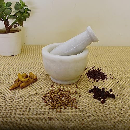 KunhaR Natural White Marble Mortar and Pestle Set, Imam Dasta, Ohkli Musal, Kharal - 4 x 2.5 Inches, White, (Half Polish) - Image 5