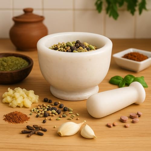 KunhaR Natural White Marble Mortar and Pestle Set, Imam Dasta, Ohkli Musal, Kharal - 4 x 2.5 Inches, White, (Half Polish) - Image 1