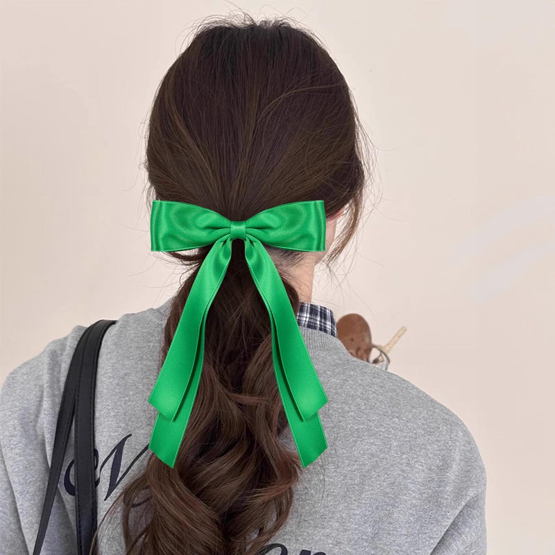 Miroksh 5.5inch Satin Green Bows Hair Clip Long Tail Ribbon Ponytail Hairpins for Women Girls Christmas Earth St. Patrickâ€™s Day Carnival Spring Outfit Dress Decor Accessories Gift - Image 5