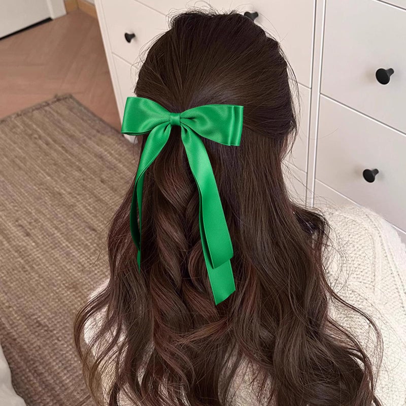 Miroksh 5.5inch Satin Green Bows Hair Clip Long Tail Ribbon Ponytail Hairpins for Women Girls Christmas Earth St. Patrickâ€™s Day Carnival Spring Outfit Dress Decor Accessories Gift - Image 4
