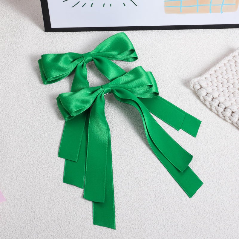 Miroksh 5.5inch Satin Green Bows Hair Clip Long Tail Ribbon Ponytail Hairpins for Women Girls Christmas Earth St. Patrickâ€™s Day Carnival Spring Outfit Dress Decor Accessories Gift - Image 2