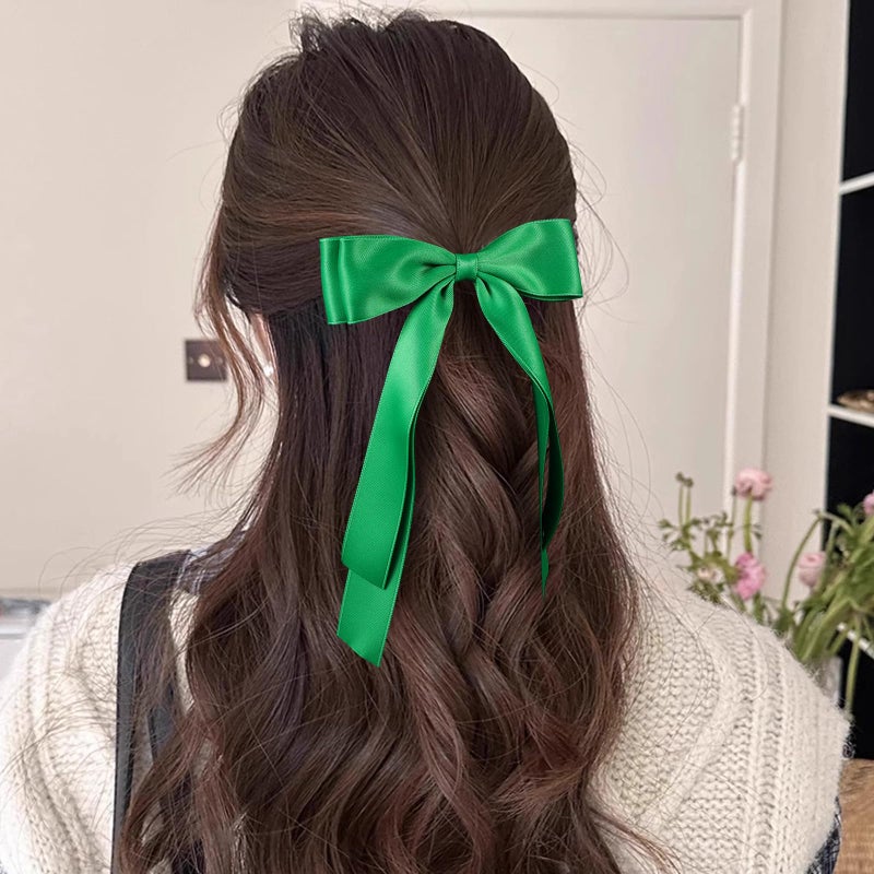 Miroksh 5.5inch Satin Green Bows Hair Clip Long Tail Ribbon Ponytail Hairpins for Women Girls Christmas Earth St. Patrickâ€™s Day Carnival Spring Outfit Dress Decor Accessories Gift - Image 3