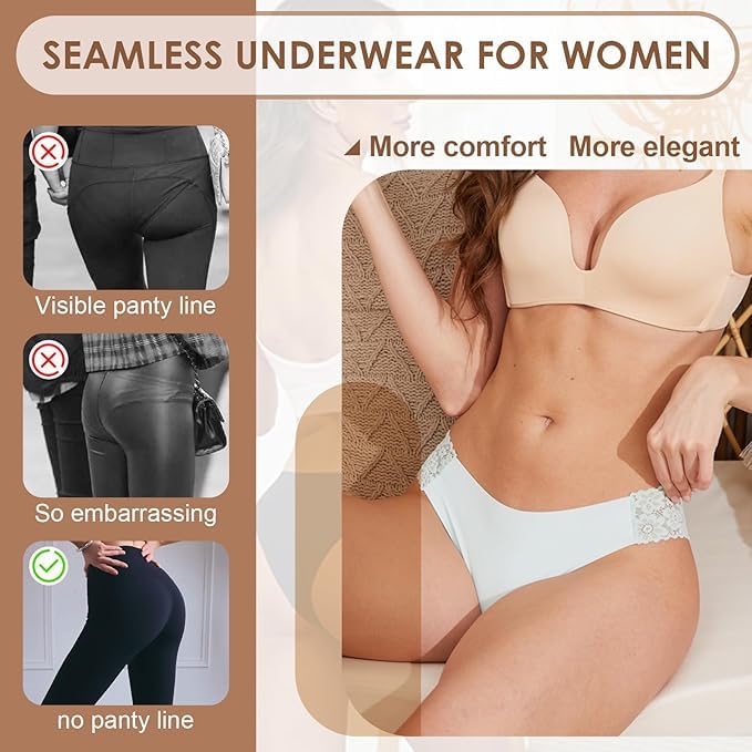 Ameetorie 6 pack Seamless Underwear for Women Sexy No Show Bikini Panties Lace Ladies low waist Invisible Cheeky (US, Alpha, Small, Regular, Regular, 6 pack) - Image 5