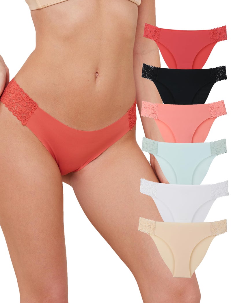Ameetorie 6 pack Seamless Underwear for Women Sexy No Show Bikini Panties Lace Ladies low waist Invisible Cheeky (US, Alpha, Small, Regular, Regular, 6 pack) - Image 1