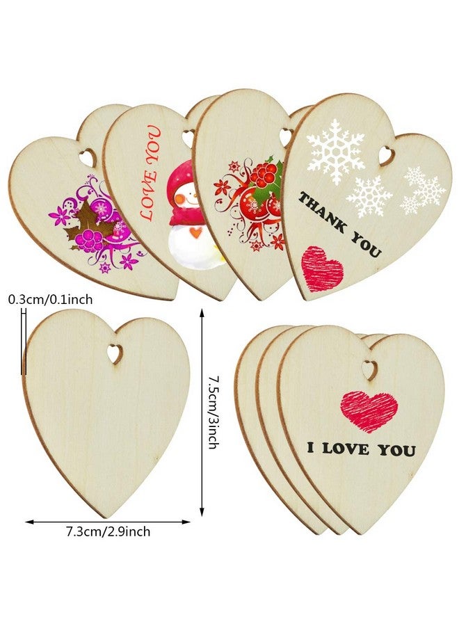 obmwang 50 Pieces 3" Natural Heart Wood Slices, Diy Wooden Ornaments Unfinished Predrilled Wooden Heart Embellishments With Natural Twine For Valentine'S Day, Wedding, Thanksgiving, Christmas - Image 2
