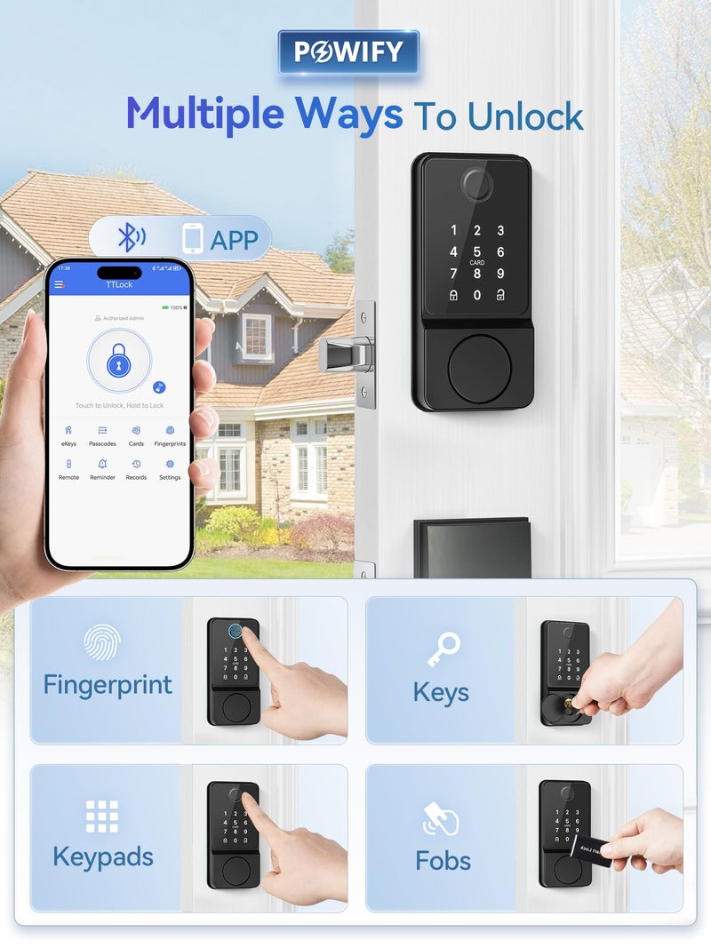 POWIFY Keyless Entry Door Lock with Handle, APP Control Smart Front Lock Set, Keypad Door Lock with Handle, Keypad Deadbolt Auto Lock, Easy to Install, Bluetooth, Black - Image 2