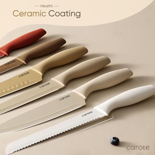 CAROTE 12 Pieces Knife Set, 6 Knives with 6 Blade Guards, Nonstick Ceramic Coating, Professional Chef Knife, Utility, Sontuku, Bread, Utility, Paring, for Home & Restaurant Use, Red Brown Yellow White - Image 5