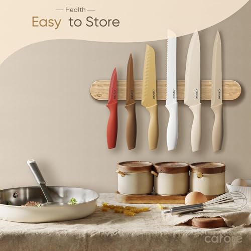 CAROTE 12 Pieces Knife Set, 6 Knives with 6 Blade Guards, Nonstick Ceramic Coating, Professional Chef Knife, Utility, Sontuku, Bread, Utility, Paring, for Home & Restaurant Use, Red Brown Yellow White - Image 2