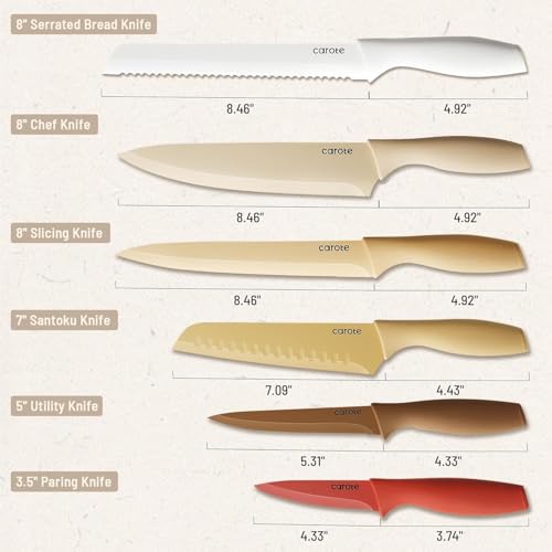 CAROTE 12 Pieces Knife Set, 6 Knives with 6 Blade Guards, Nonstick Ceramic Coating, Professional Chef Knife, Utility, Sontuku, Bread, Utility, Paring, for Home & Restaurant Use, Red Brown Yellow White - Image 3