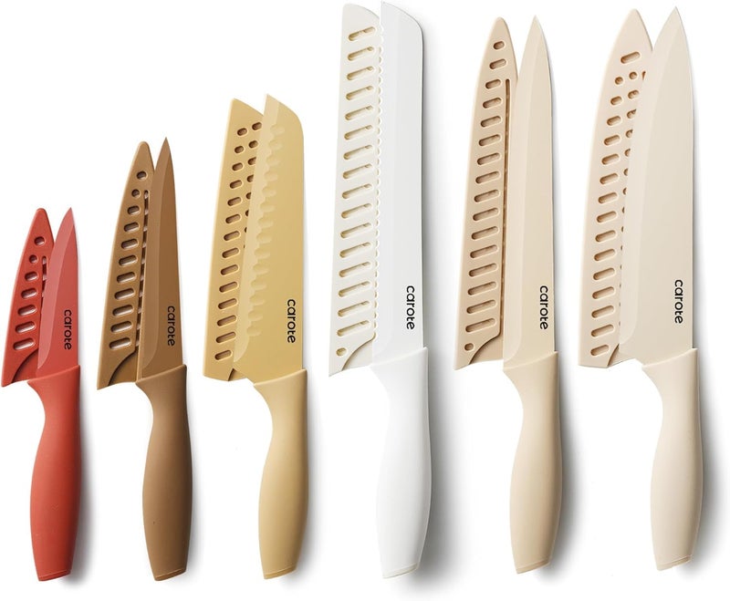 CAROTE 12 Pieces Knife Set, 6 Knives with 6 Blade Guards, Nonstick Ceramic Coating, Professional Chef Knife, Utility, Sontuku, Bread, Utility, Paring, for Home & Restaurant Use, Red Brown Yellow White - Image 1