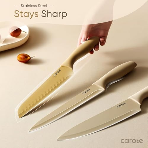 CAROTE 12 Pieces Knife Set, 6 Knives with 6 Blade Guards, Nonstick Ceramic Coating, Professional Chef Knife, Utility, Sontuku, Bread, Utility, Paring, for Home & Restaurant Use, Red Brown Yellow White - Image 4